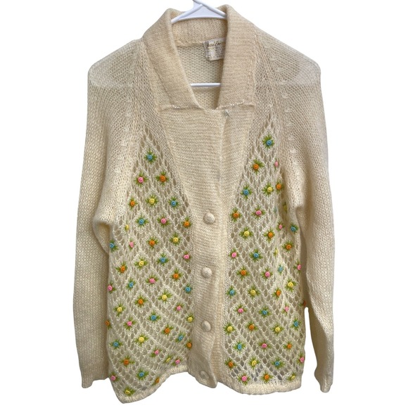 Vintage Sweaters - Vintage 60s Knit Mohair Cardigan Embroidered Floral Sweater Cottagecore Soft M